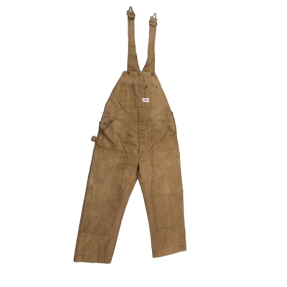 Round House Bib Overalls Mens 38x32 Duck Brown Double Knee Carpenter Made In USA